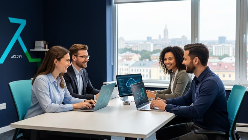 Echipa tehnică AKDEV colaborând la arhitectura software și servicii cloud